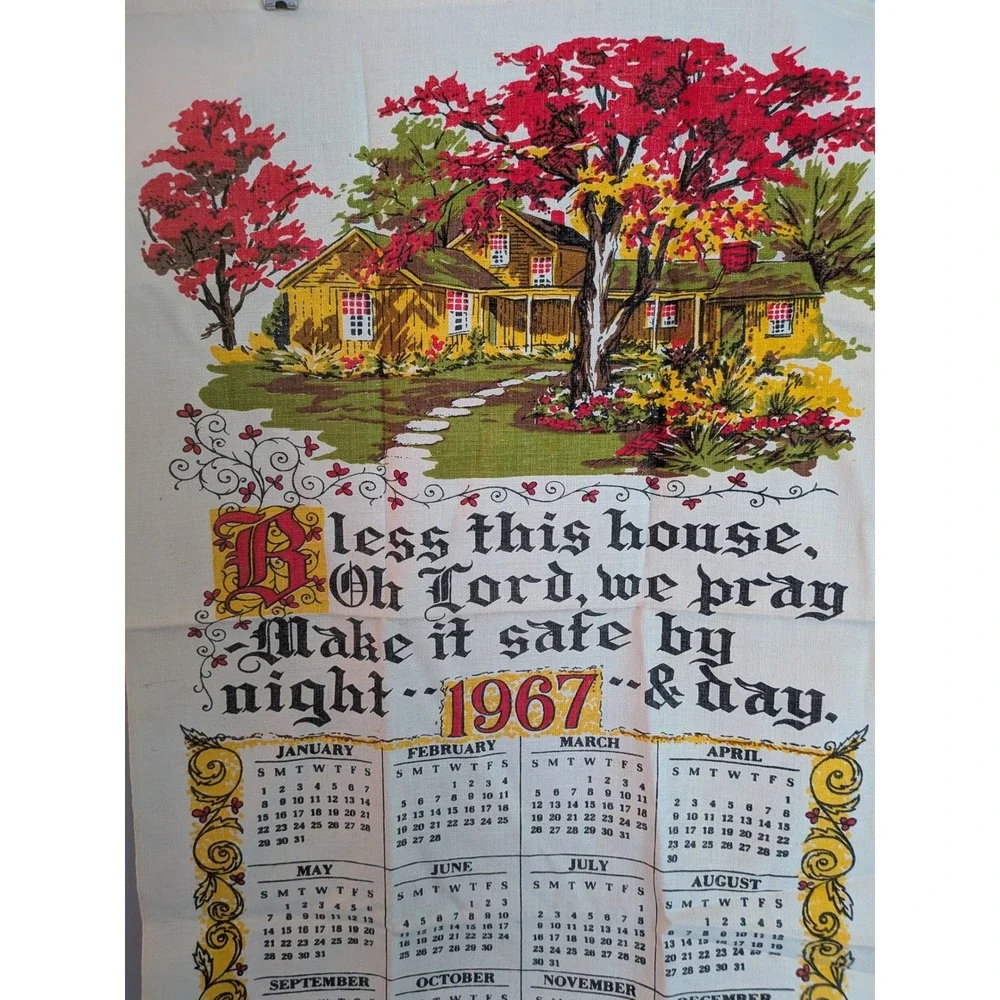 Vintage 1967 Linen Calendar Tea Towel Bless This House Wall Hanging Mid Century
